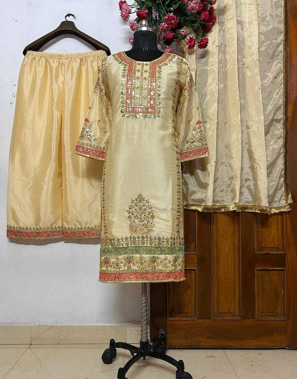 Chinon Silk Kesh149 1306 Suits & Dresses Islamic Clothing  Pakistani Embroidery Palazzo Ladies Silk Wedding Suits