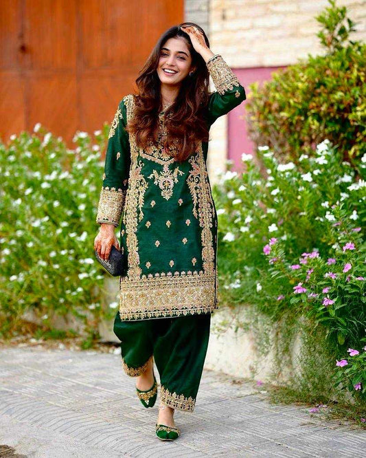 Chinon Silk Kesh149 1310 Suits & Dresses  Ladies Pakistani Embroidery Ladies Silk Palazzo Suits