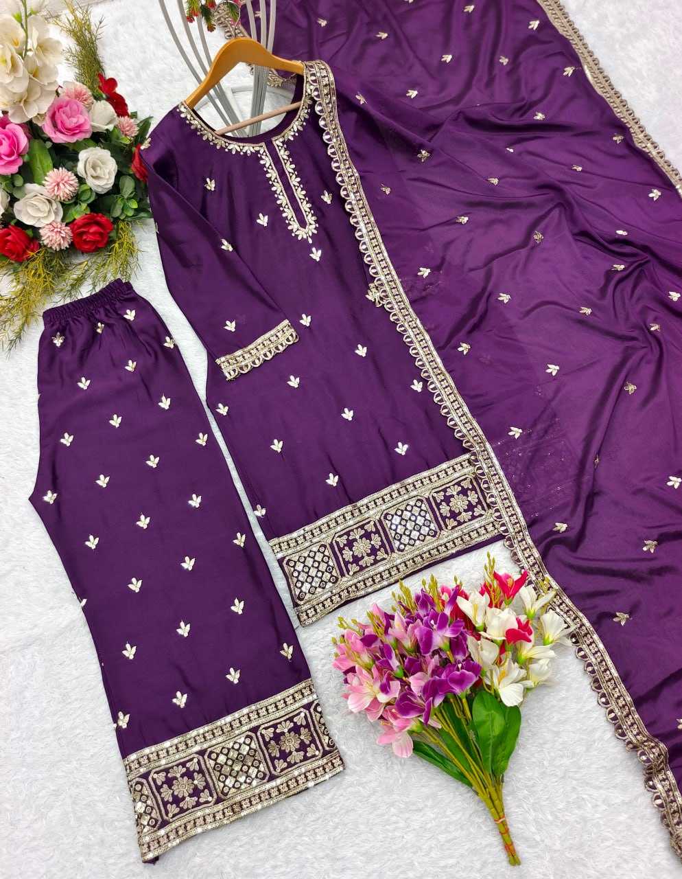 Chinon Silk Kesh156 1120 Suits & Dresses  Ladies Party Wear Ladies Silk Embroidered Palazzo Ladies Suits