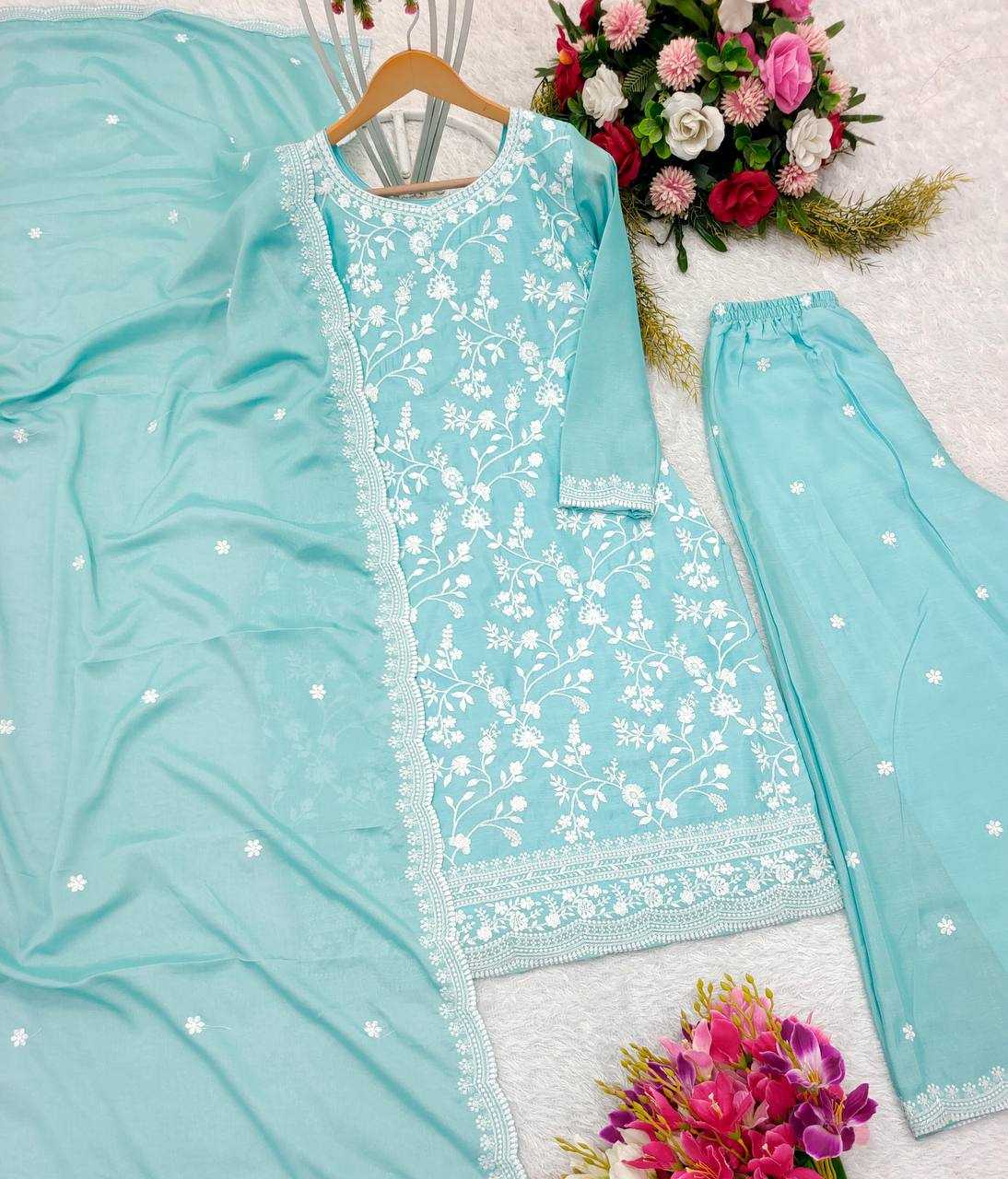 Chinon Silk Kesh156 1130 Suits & Dresses  Ladies Silk Embroidered Ladies Party Wear Palazzo Ladies Suits