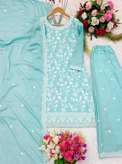 Chinon Silk Kesh156 1130 Suits & Dresses  Ladies Silk Embroidered Ladies Party Wear Palazzo Ladies Suits