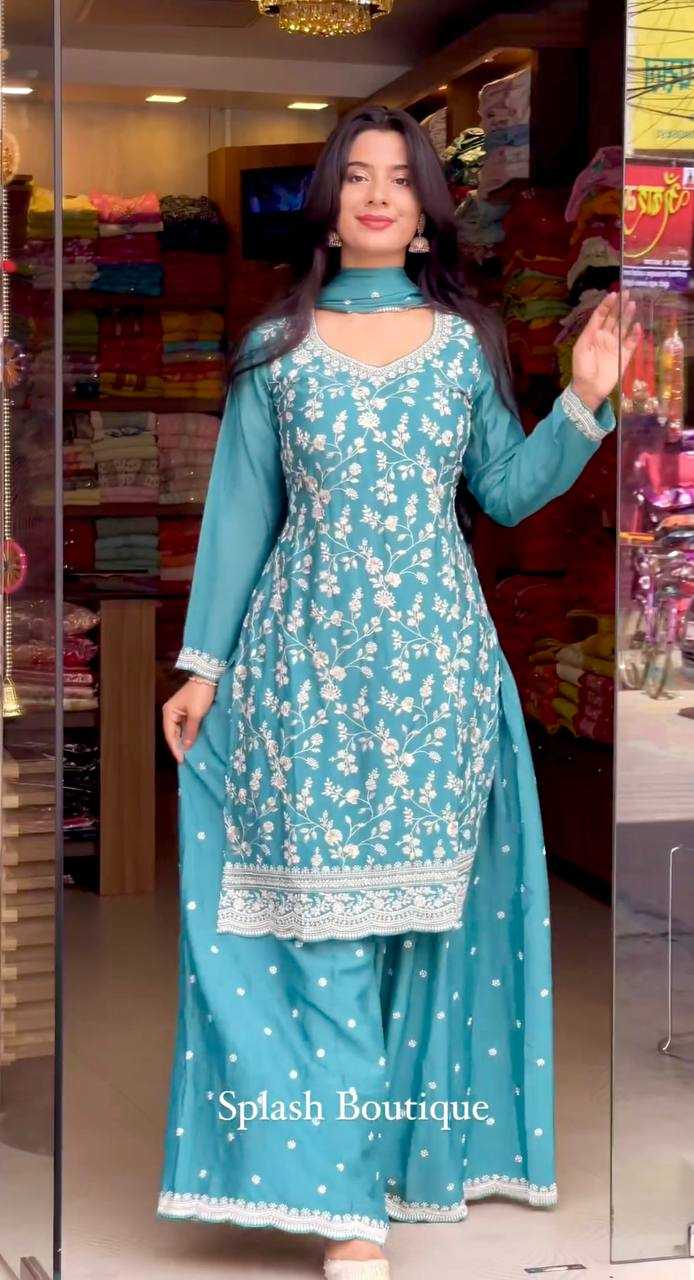 Chinon Silk Kesh156 1130 Suits & Dresses  Ladies Silk Embroidered Ladies Party Wear Palazzo Ladies Suits