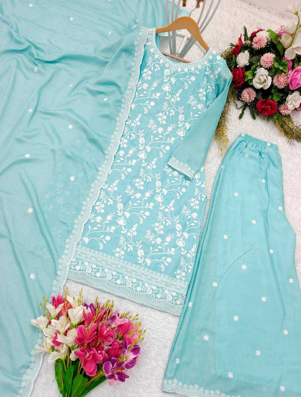 Chinon Silk Kesh156 1130 Suits & Dresses  Ladies Silk Embroidered Ladies Party Wear Palazzo Ladies Suits