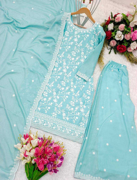 Chinon Silk Kesh156 1130 Suits & Dresses  Ladies Silk Embroidered Ladies Party Wear Palazzo Ladies Suits