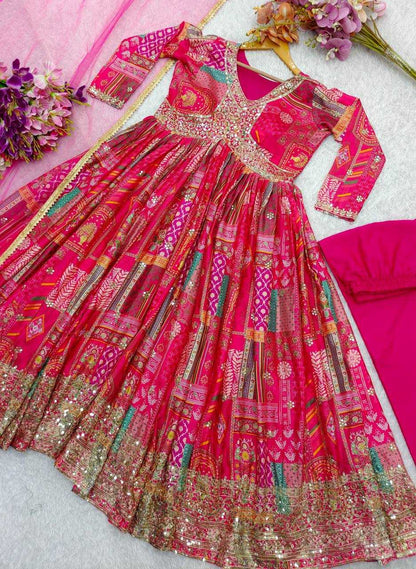 Chinon Silk Kesh156 1132 Gowns  Printed Fancy Embroidery Anarkali Long Diwali Collections Gowns