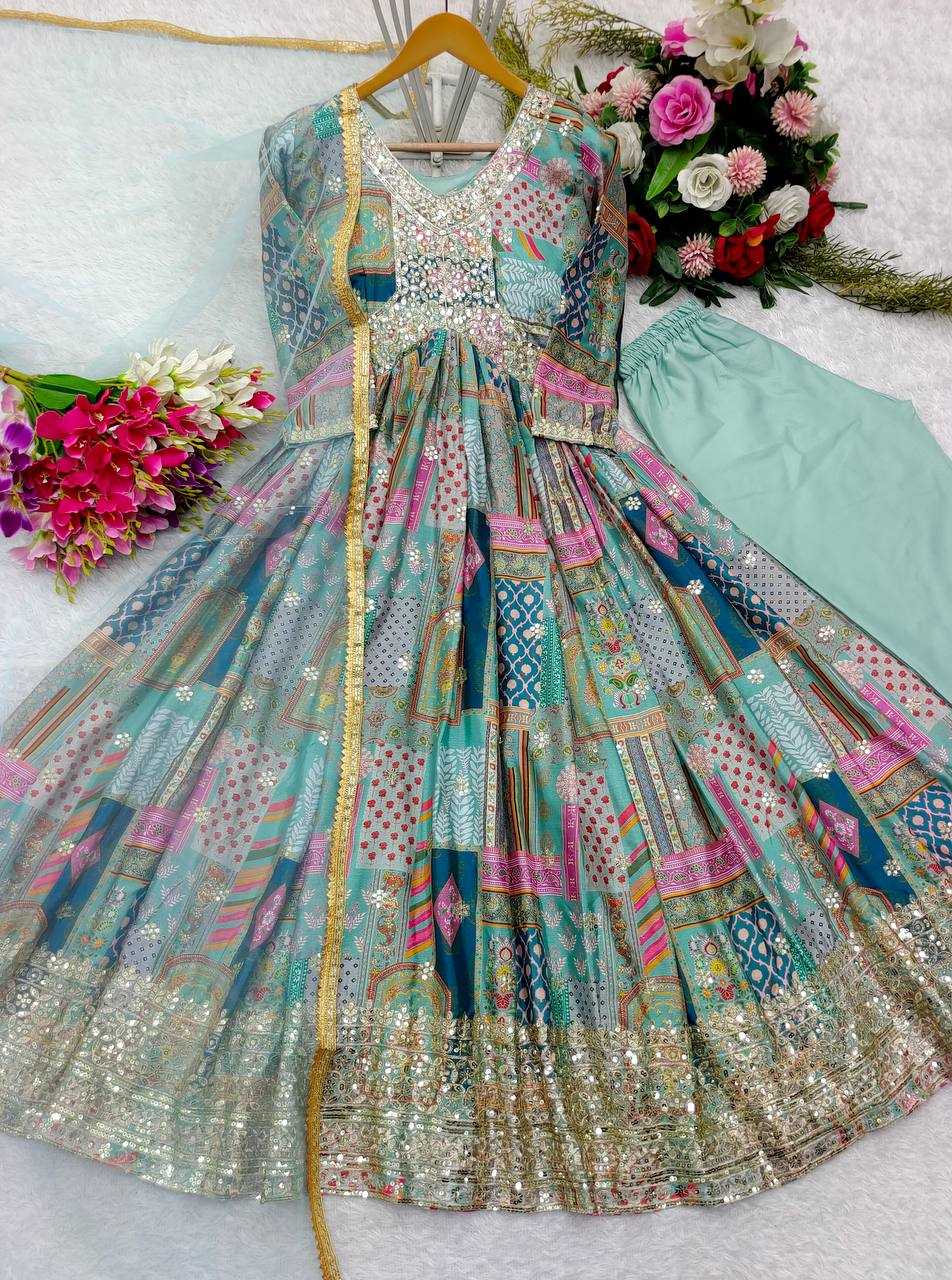 Chinon Silk Kesh156 1132 Gowns  Printed Fancy Embroidery Anarkali Long Diwali Collections Gowns