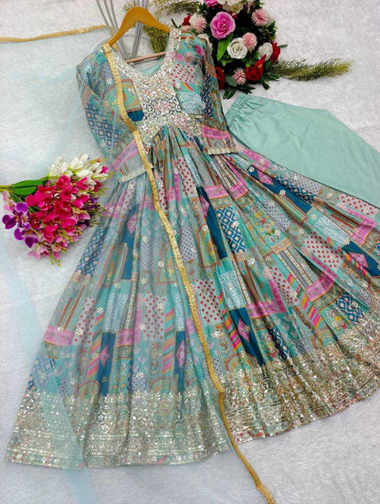 Chinon Silk Kesh156 1132 Gowns  Printed Fancy Embroidery Anarkali Long Diwali Collections Gowns