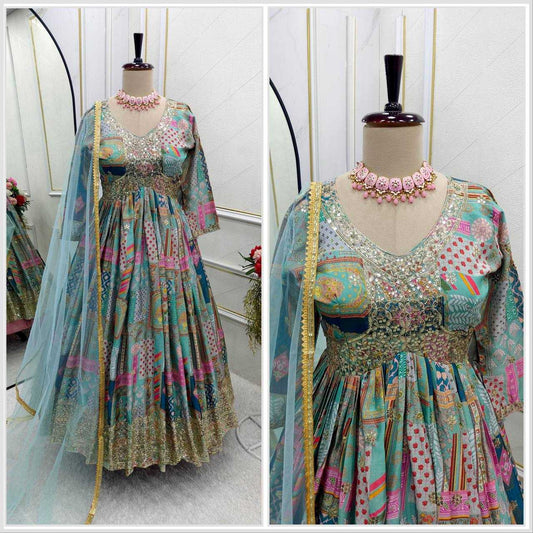 Chinon Silk Kesh156 1132 Gowns  Printed Fancy Embroidery Anarkali Long Diwali Collections Gowns