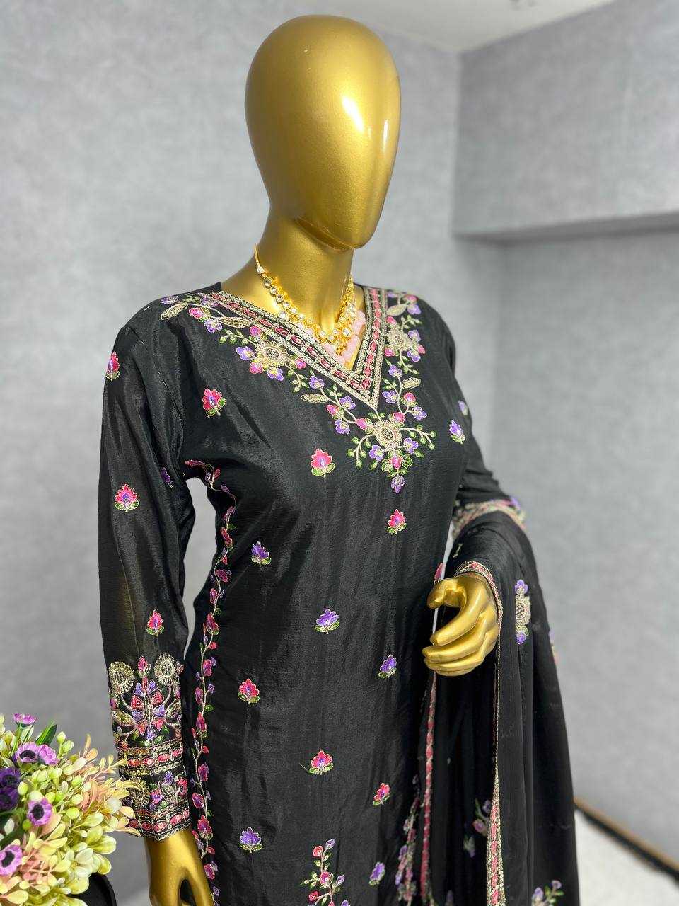 Chinon Silk Kesh157 1654 Suits & Dresses  Embroidery Palazzo Ladies Silk Wedding Suits