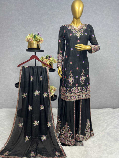 Chinon Silk Kesh157 1654 Suits & Dresses  Embroidery Palazzo Ladies Silk Wedding Suits