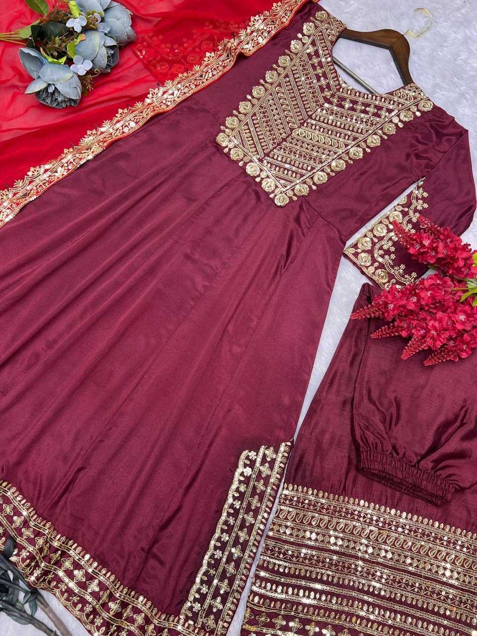 Chinon Silk Kesh159 1309 Suits & Dresses  Embroidery Palazzo Ladies Silk Ladies Party Wear Diwali Collections Suits