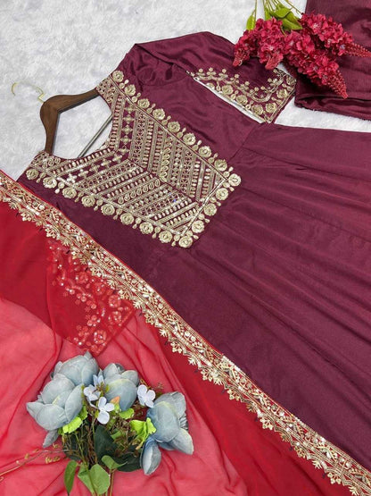 Chinon Silk Kesh159 1309 Suits & Dresses  Embroidery Palazzo Ladies Silk Ladies Party Wear Diwali Collections Suits