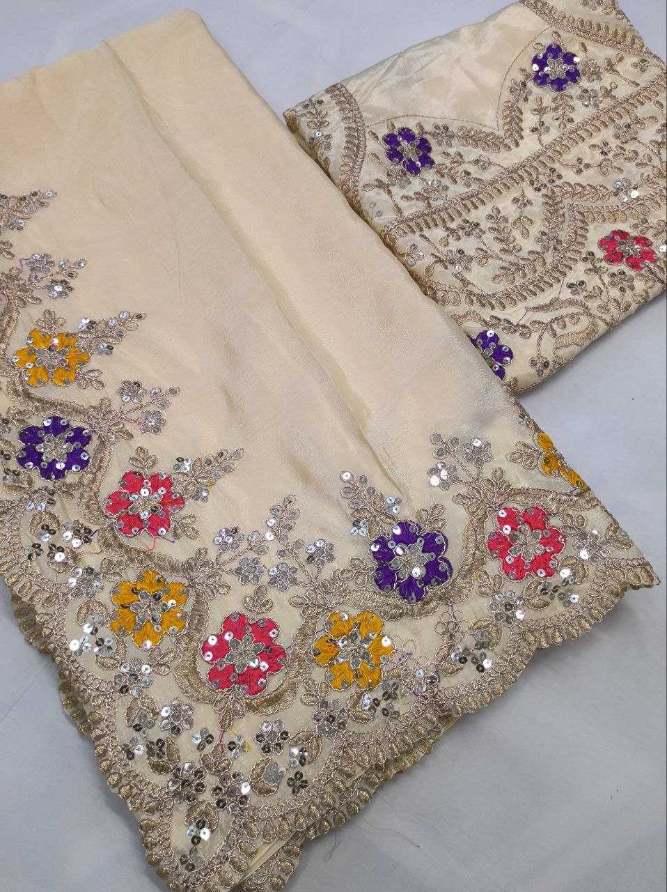 Chinon Silk Kesh188 9132 Sarees  Sequence Embroidered Cutwork Silk Lace Border Sarees