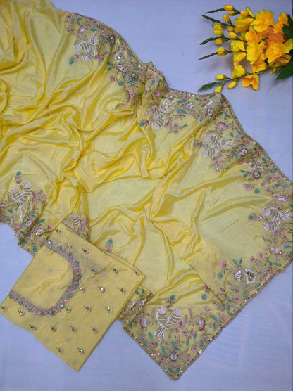 Chinon Silk Kesh188 9138 Sarees  Sequence Embroidered Silk Yellow Weddings Sarees