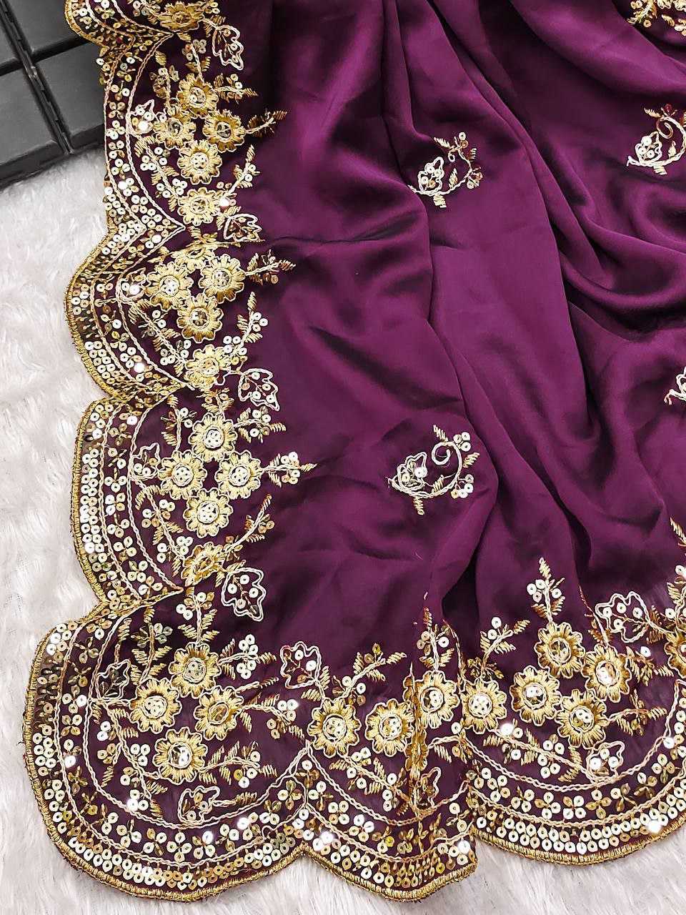 Chinon Silk Kesh188 9144 Sarees  Sequence Embroidered Cutwork Silk Sarees With Blouse Purple Sarees