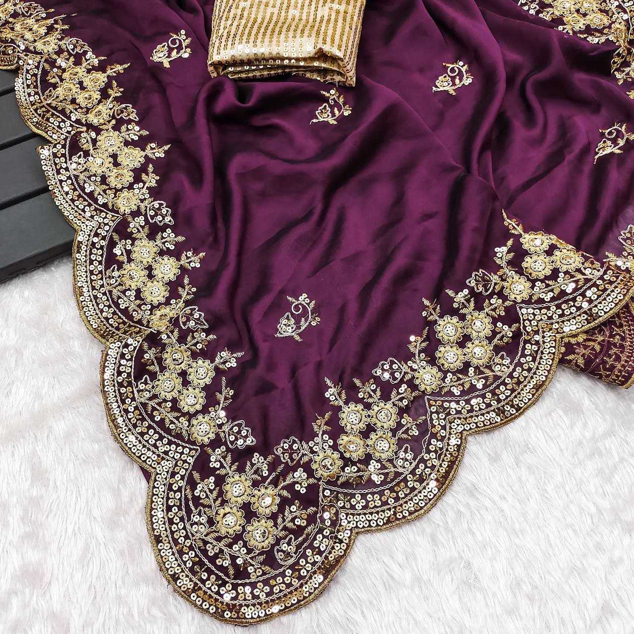 Chinon Silk Kesh188 9144 Sarees  Sequence Embroidered Cutwork Silk Sarees With Blouse Purple Sarees