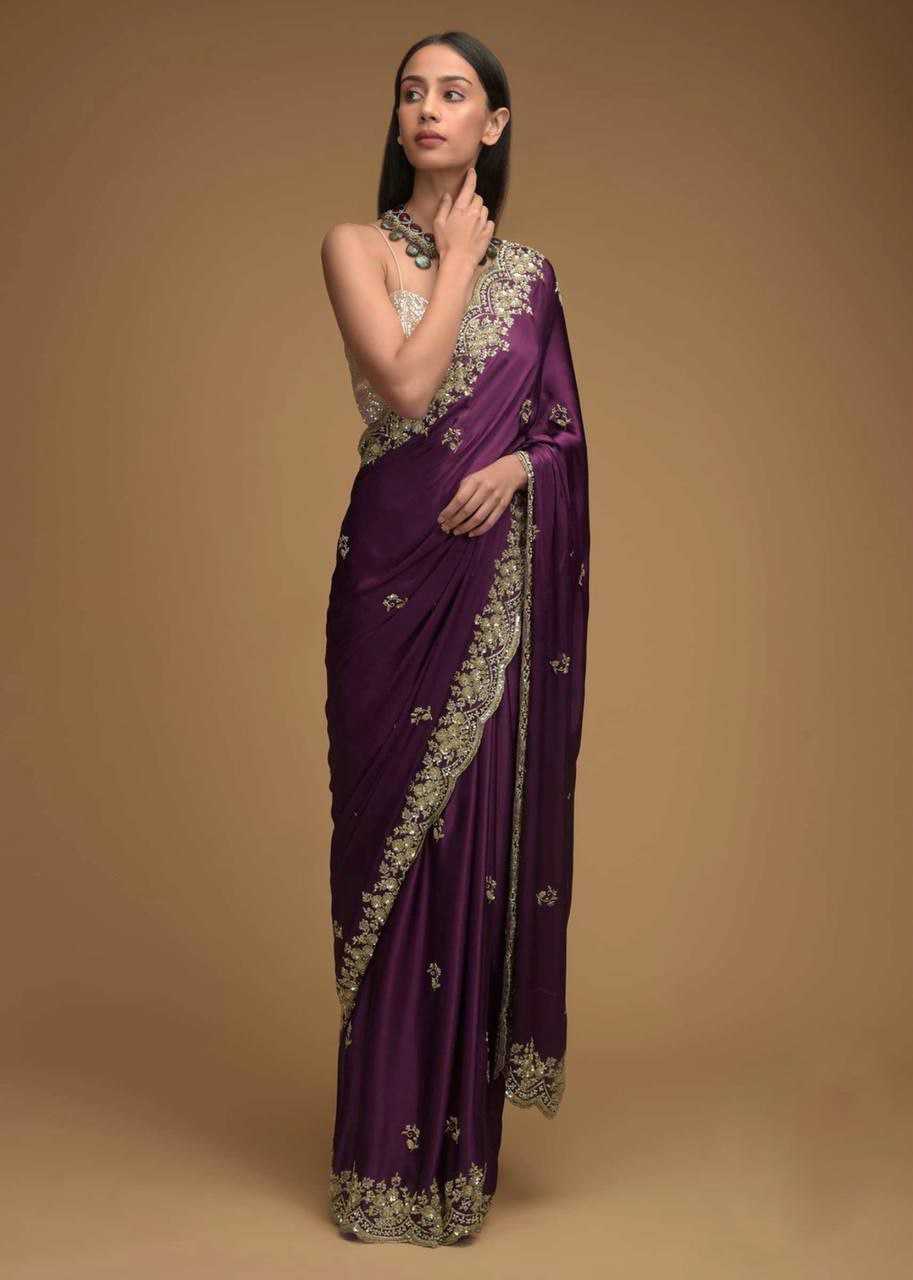 Chinon Silk Kesh188 9144 Sarees  Sequence Embroidered Cutwork Silk Sarees With Blouse Purple Sarees