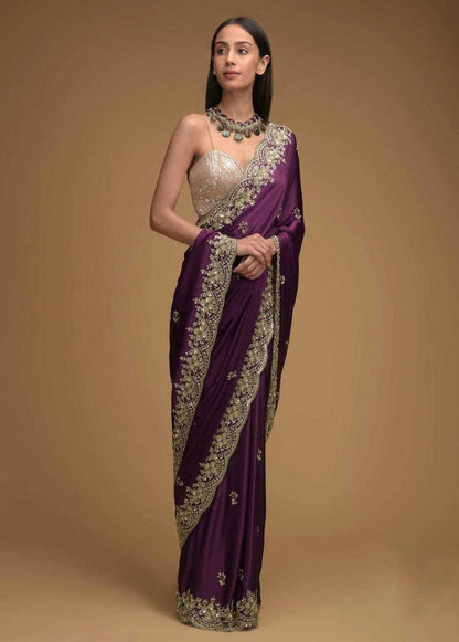 Chinon Silk Kesh188 9144 Sarees  Sequence Embroidered Cutwork Silk Sarees With Blouse Purple Sarees