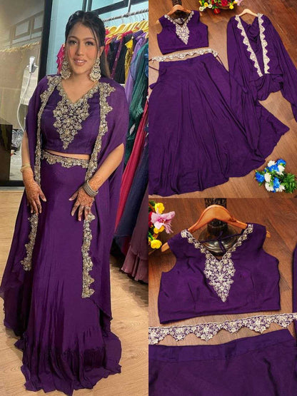 Chinon Silk Kesh188 9199 Lehengas  Silk Embroidered Jacket Style Lehenga With Belt Purple Lehengas