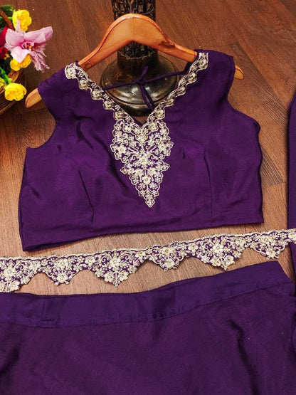 Chinon Silk Kesh188 9199 Lehengas  Silk Embroidered Jacket Style Lehenga With Belt Purple Lehengas