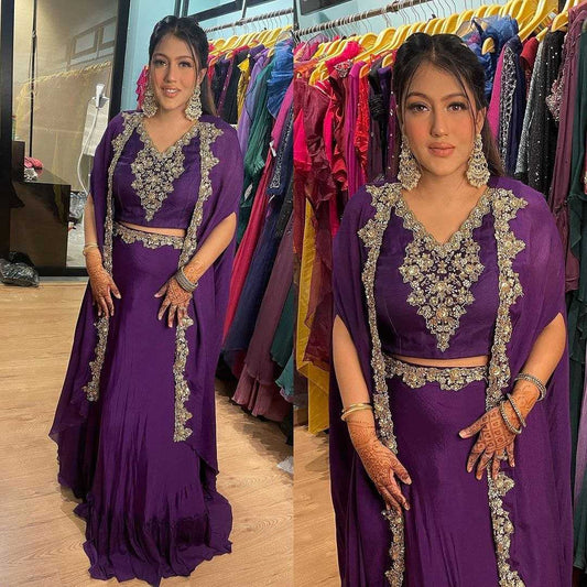 Chinon Silk Kesh188 9199 Lehengas  Silk Embroidered Jacket Style Lehenga With Belt Purple Lehengas