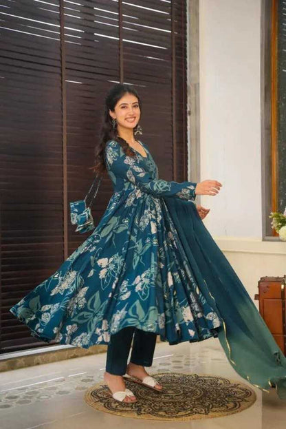 Chinon Silk Kesh188 9215 Gowns  Printed Anarkali Long Silk Full Sleeve Blue Gowns