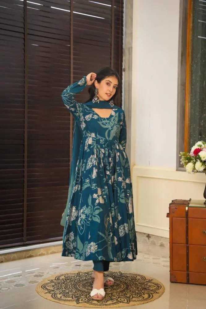 Chinon Silk Kesh188 9215 Gowns  Printed Anarkali Long Silk Full Sleeve Blue Gowns