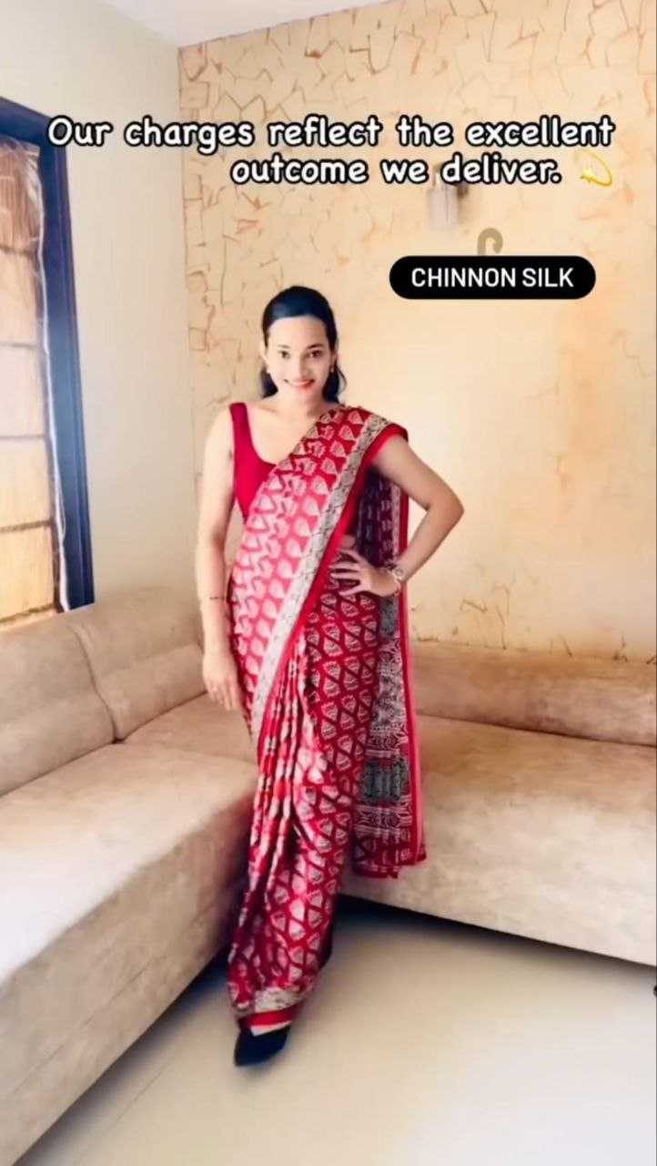 Chinon Silk Kesh188 9226 Sarees  Ready To Wear Printed Pre Draped Silk Sarees With Blouse