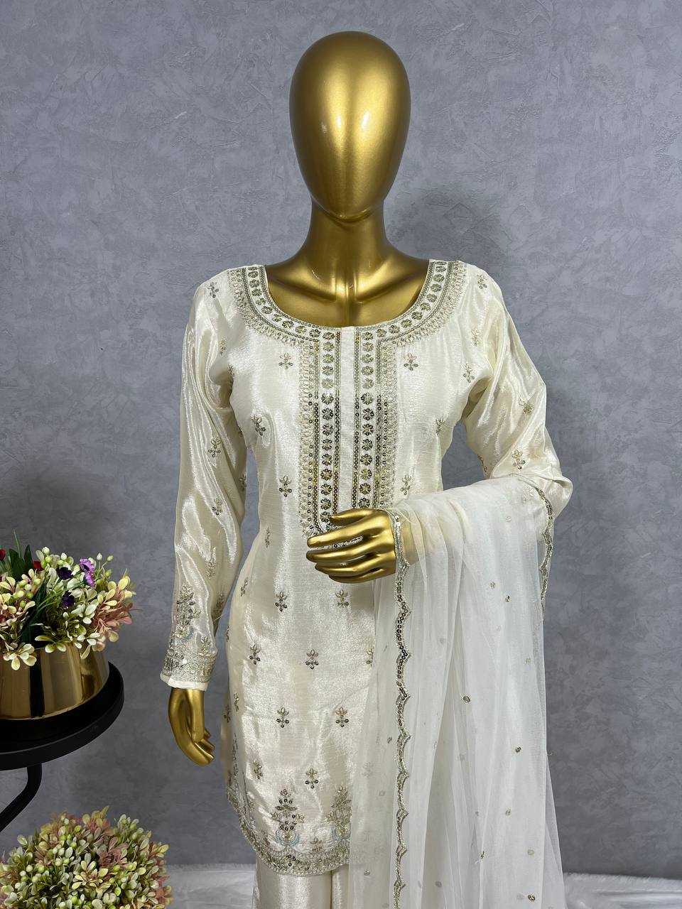 Chinon Silk Kesh227 1003 Suits & Dresses  Ladies Embroidery Ladies Silk White Salwar Suits