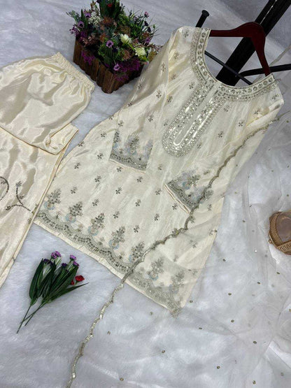 Chinon Silk Kesh227 1003 Suits & Dresses  Ladies Embroidery Ladies Silk White Salwar Suits