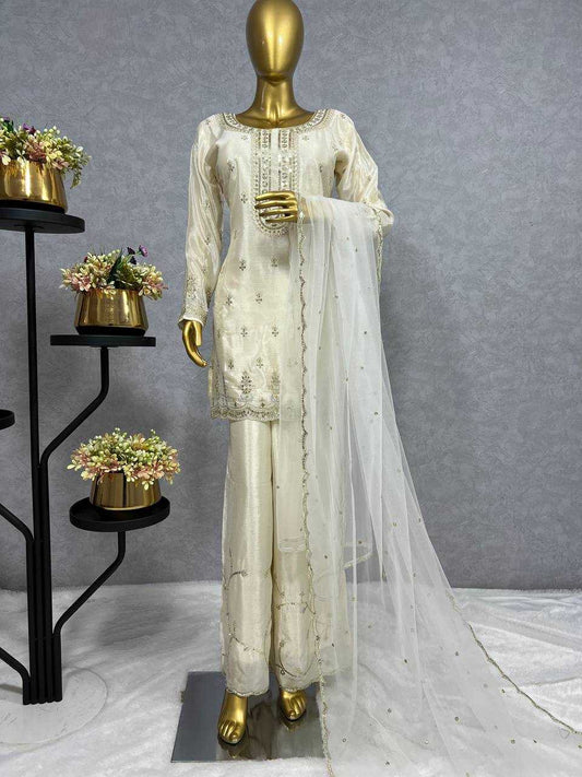 Chinon Silk Kesh227 1003 Suits & Dresses  Ladies Embroidery Ladies Silk White Salwar Suits