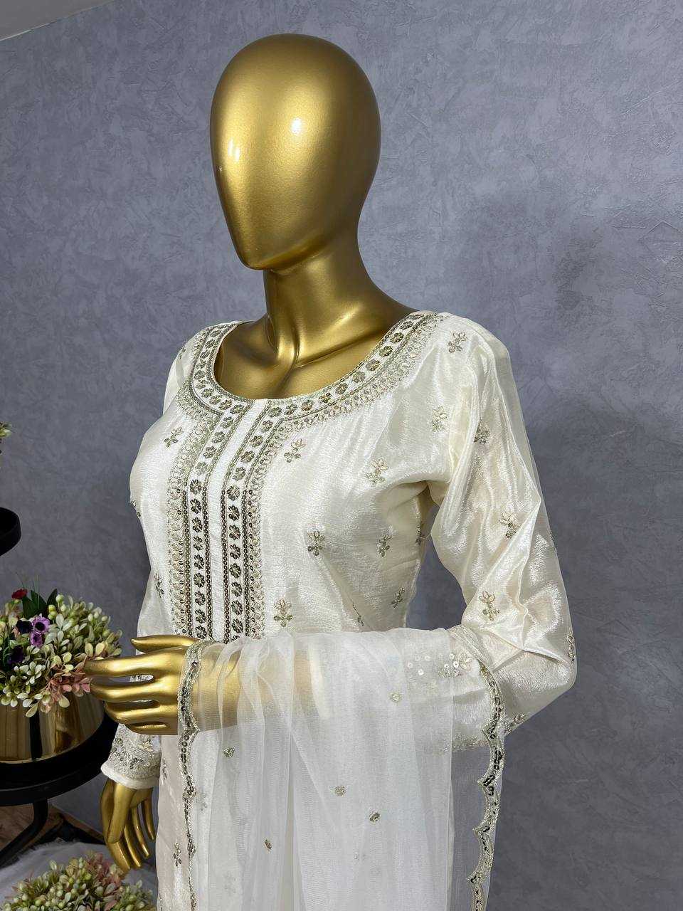 Chinon Silk Kesh227 1003 Suits & Dresses  Ladies Embroidery Ladies Silk White Salwar Suits