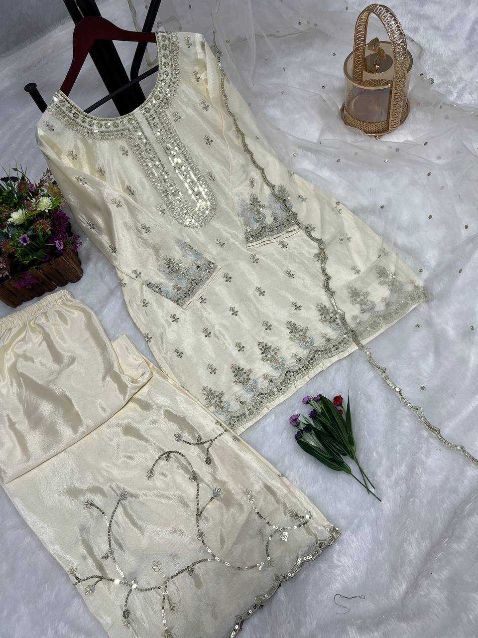 Chinon Silk Kesh227 1003 Suits & Dresses  Ladies Embroidery Ladies Silk White Salwar Suits