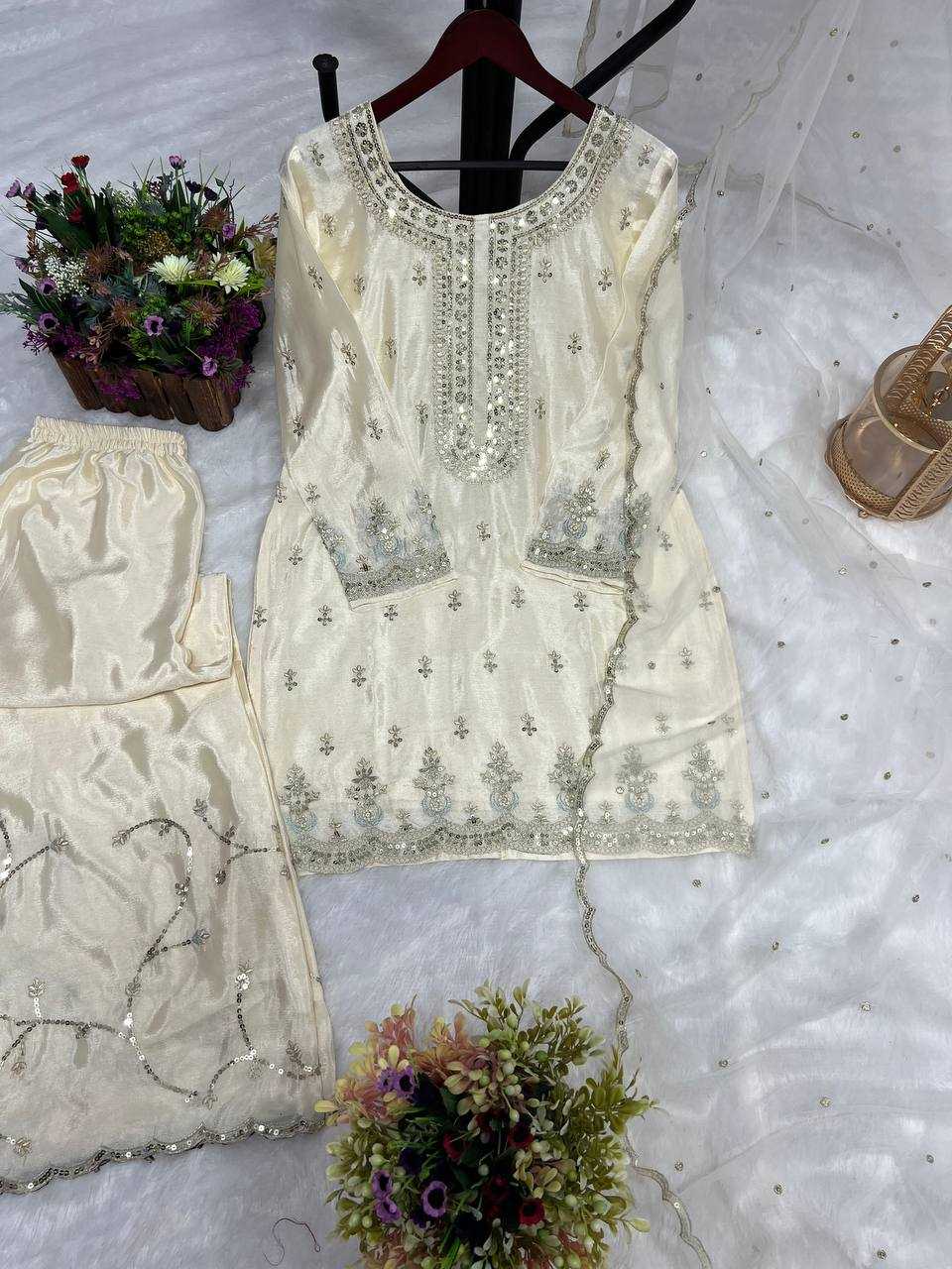 Chinon Silk Kesh227 1003 Suits & Dresses  Ladies Embroidery Ladies Silk White Salwar Suits