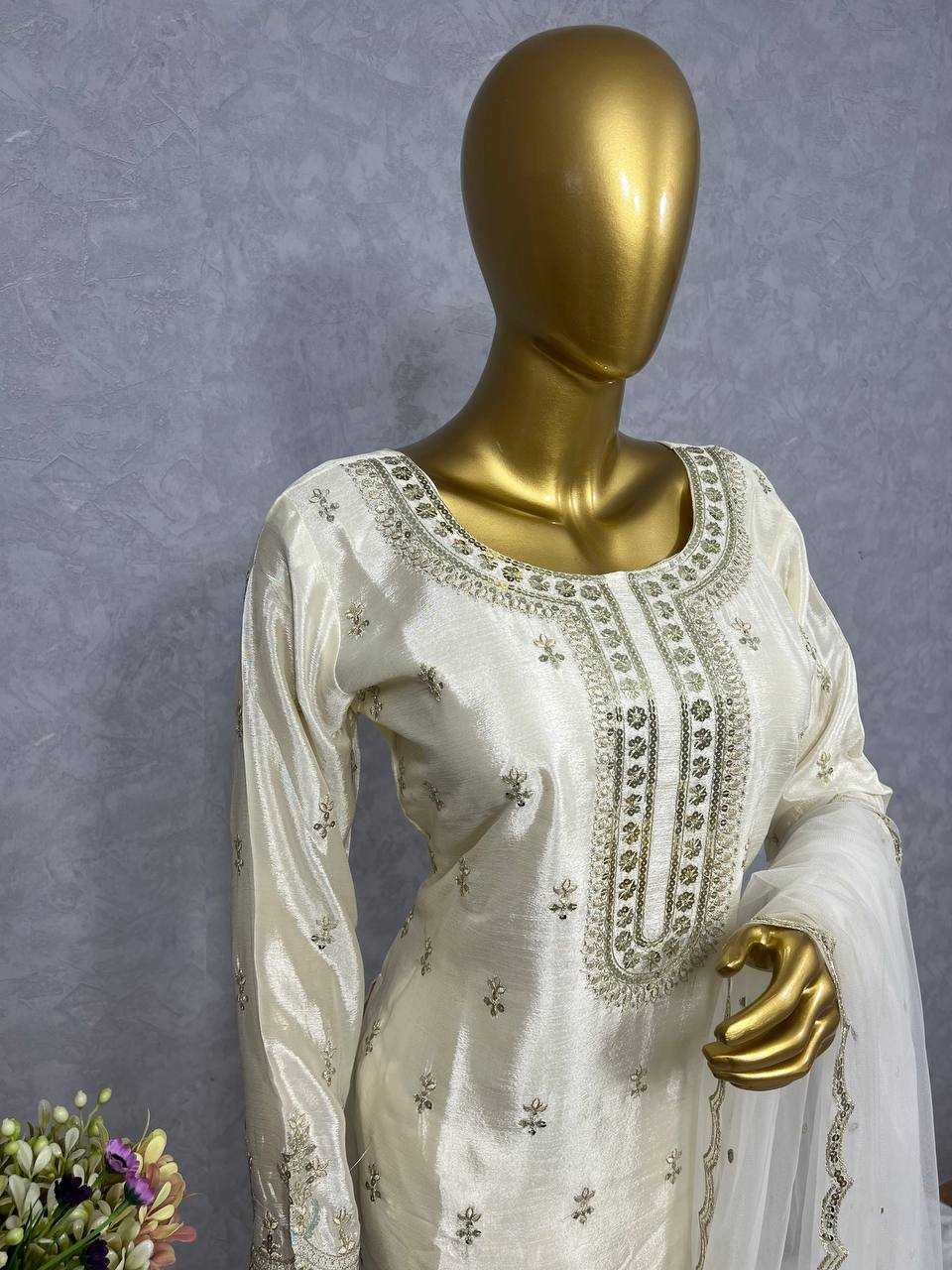 Chinon Silk Kesh227 1003 Suits & Dresses  Ladies Embroidery Ladies Silk White Salwar Suits