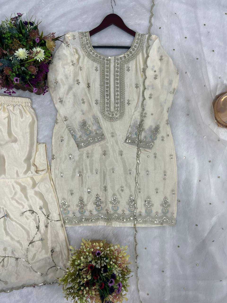 Chinon Silk Kesh227 1003 Suits & Dresses  Ladies Embroidery Ladies Silk White Salwar Suits