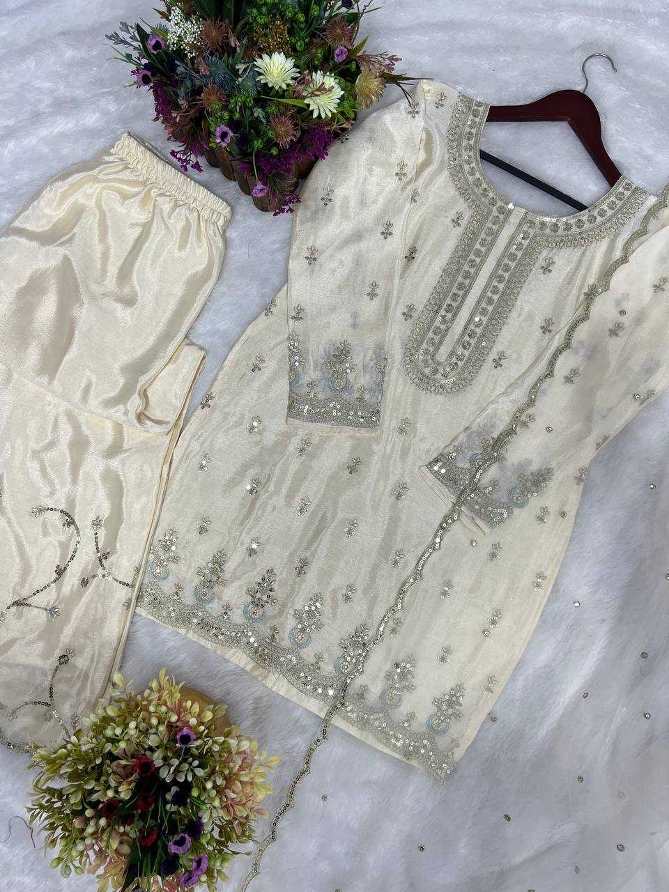 Chinon Silk Kesh227 1003 Suits & Dresses  Ladies Embroidery Ladies Silk White Salwar Suits