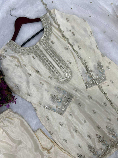 Chinon Silk Kesh227 1003 Suits & Dresses  Ladies Embroidery Ladies Silk White Salwar Suits