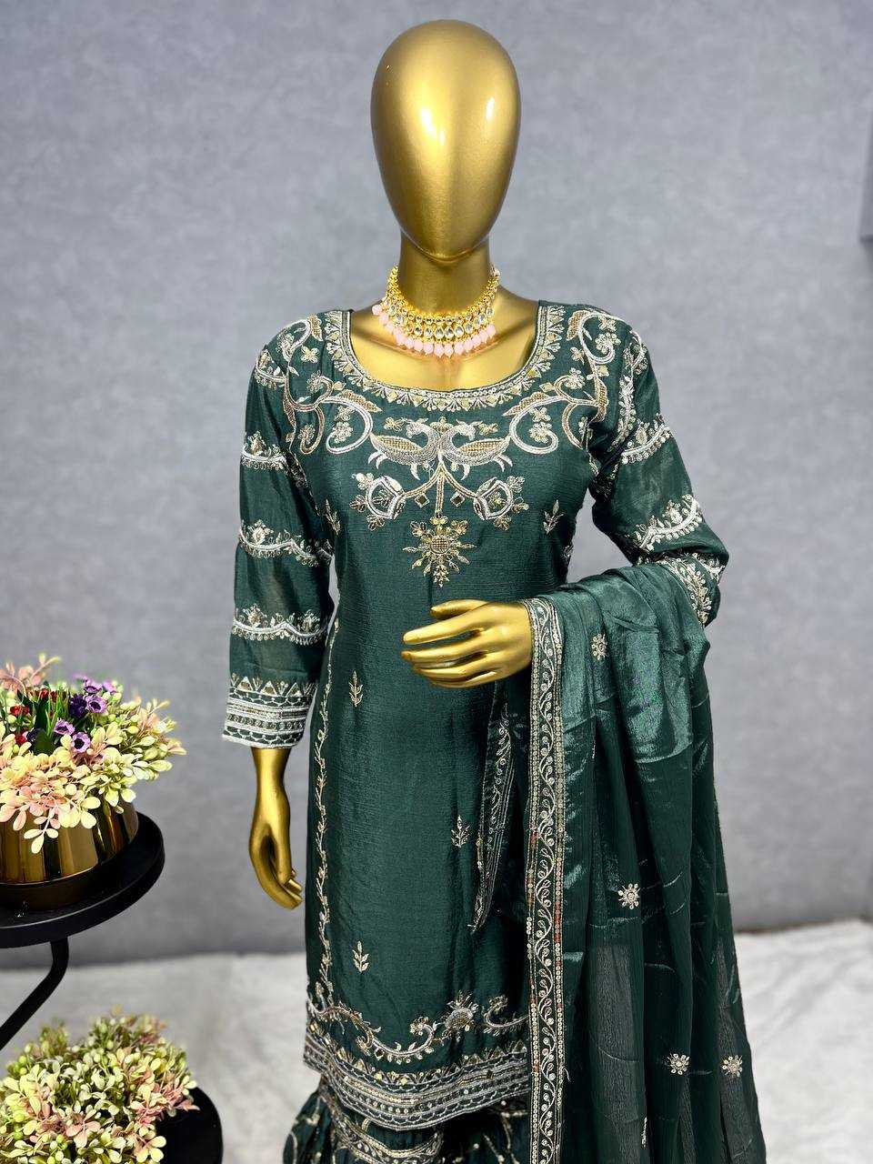 Chinon Silk Kesh227 1016 Suits & Dresses  Sharara Salwar Embroidery Ladies Silk Wedding Silk Suits