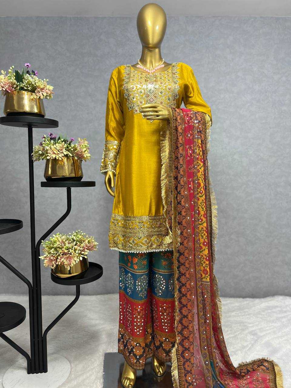 Chinon Silk Kesh227 1019 Suits & Dresses  Ladies Embroidery Palazzo Ladies Silk Yellow Salwar Suits