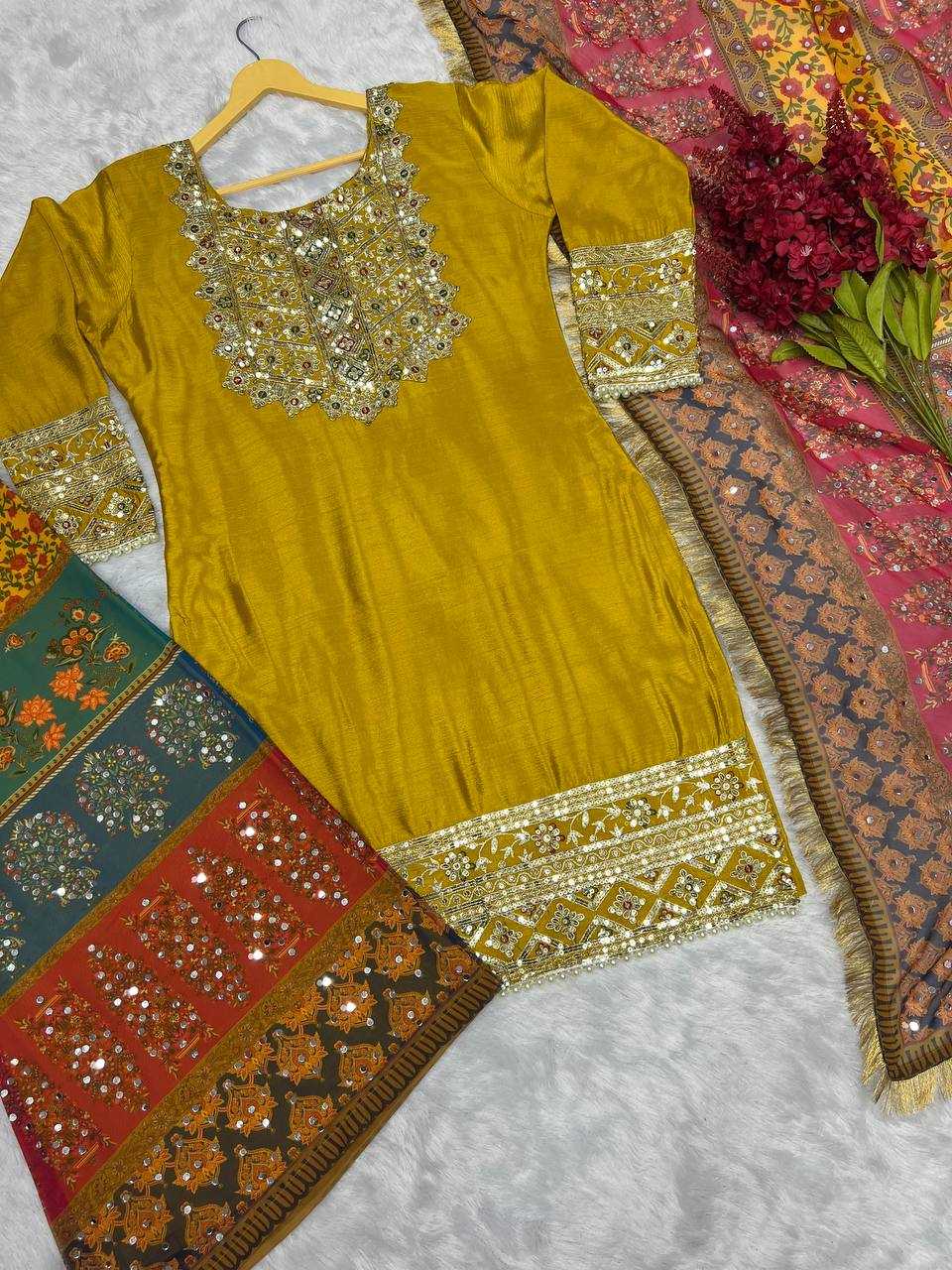 Chinon Silk Kesh227 1019 Suits & Dresses  Ladies Embroidery Palazzo Ladies Silk Yellow Salwar Suits