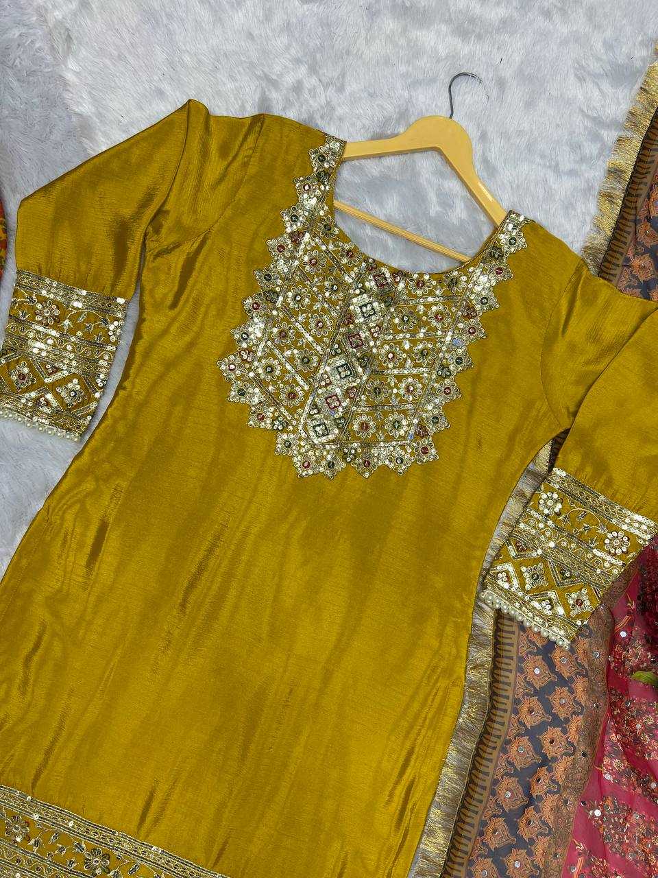 Chinon Silk Kesh227 1019 Suits & Dresses  Ladies Embroidery Palazzo Ladies Silk Yellow Salwar Suits