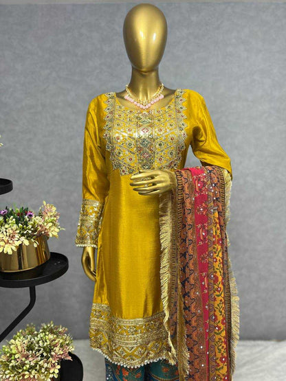 Chinon Silk Kesh227 1019 Suits & Dresses  Ladies Embroidery Palazzo Ladies Silk Yellow Salwar Suits