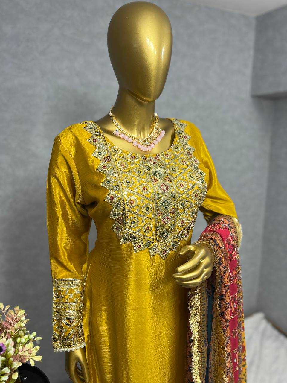 Chinon Silk Kesh227 1019 Suits & Dresses  Ladies Embroidery Palazzo Ladies Silk Yellow Salwar Suits