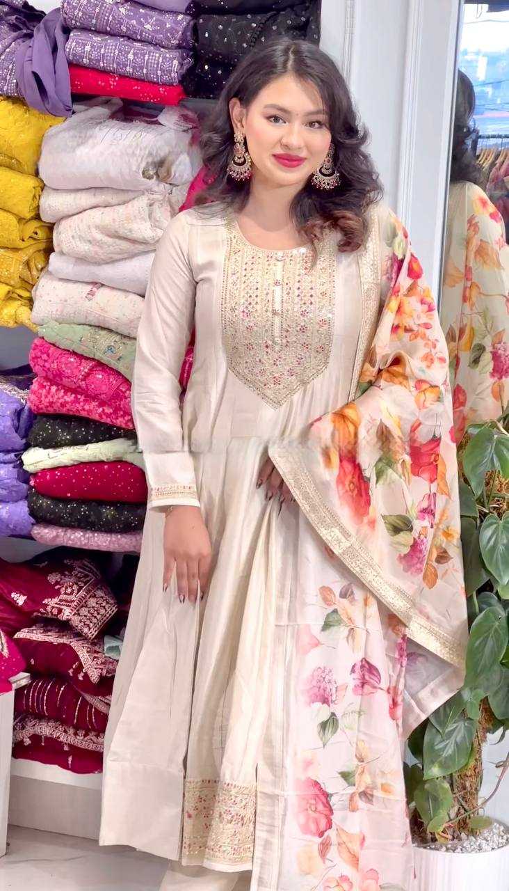 Chinon Silk Kesh227 1022 Gowns  Embroidery Anarkali Long Silk Full Sleeve White Gowns