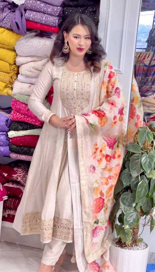 Chinon Silk Kesh227 1022 Gowns  Embroidery Anarkali Long Silk Full Sleeve White Gowns