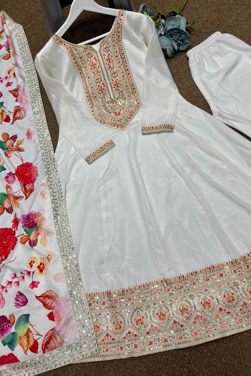 Chinon Silk Kesh227 1022 Gowns  Embroidery Anarkali Long Silk Full Sleeve White Gowns