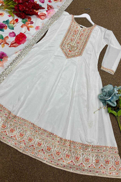 Chinon Silk Kesh227 1022 Gowns  Embroidery Anarkali Long Silk Full Sleeve White Gowns