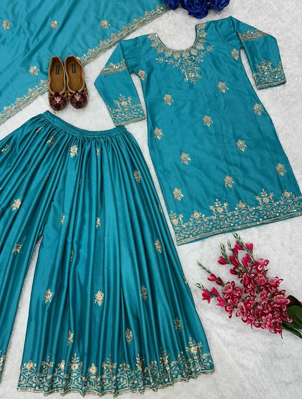 Chinon Silk Ksf 11 Suits & Dresses  Sharara Salwar Embroidery Ladies Silk Party Weae Suit