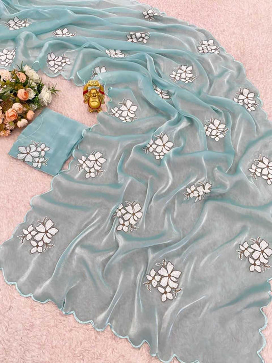 Chinon Silk Rin134 0290 Sarees  Party Wear Fancy Sequence Embroidered Butta Cutwork Sarees